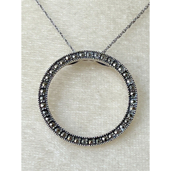 Vintage Delicate Sterling Silver & Marcasite Open Circle Pendant 1 1/4" Wide - Picture 1 of 16